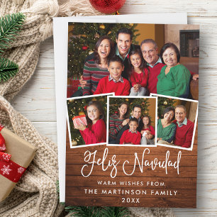 Modern Roligt Calligraphy Wood 4 Photo Feliz Navid Julkort
