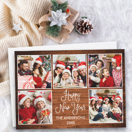 Modern Roligt Calligraphy Wood 5 Photo New Year Julkort