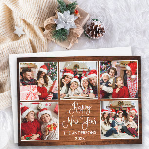 Modern Roligt Calligraphy Wood 5 Photo New Year Julkort