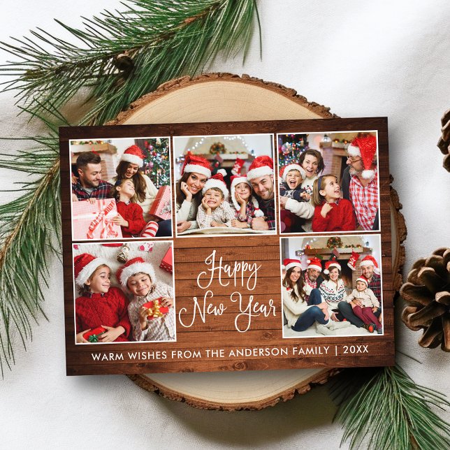 Modern Roligt Calligraphy Wood 5 Photo New Year Vykort (Customize to change your personalized text size or text style.)