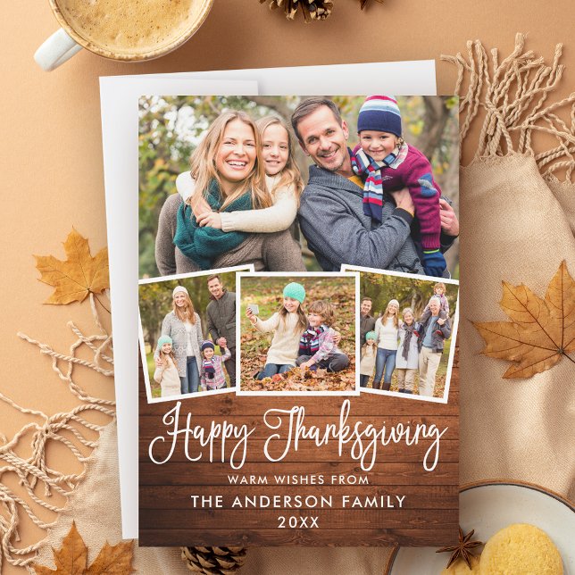 Modern Roligt Calligraphy Wood Thanksgiving 4 Phot Julkort (Customize to add more text or photos to back of card.)