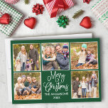 Modern Roligt Kalligrafi Grönt 5 Fotojul Julkort<br><div class="desc">Modern Roligt Calligraphy Script God jul 5 Photo Collage Helgdag Card - Forest Grönt Background</div>