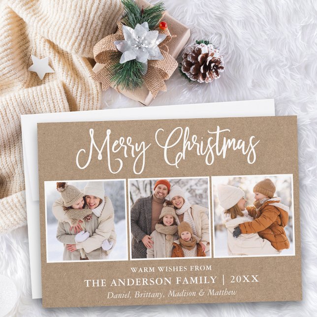 Modern Roligt Kalligrafi jul 3 Photo Kraft Julkort (Customize to add text to back of card.)