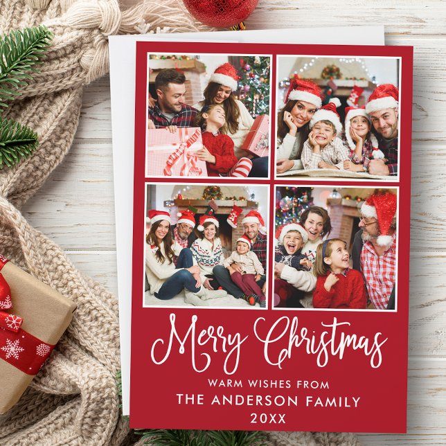 Modern Roligt Kalligrafi jul 4 Foton Red Julkort (Customize to add text to back of card.)