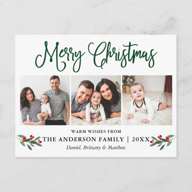 Modern Roligt Kalligrafi jul Holly 3 Photo Vykort (Framsida)