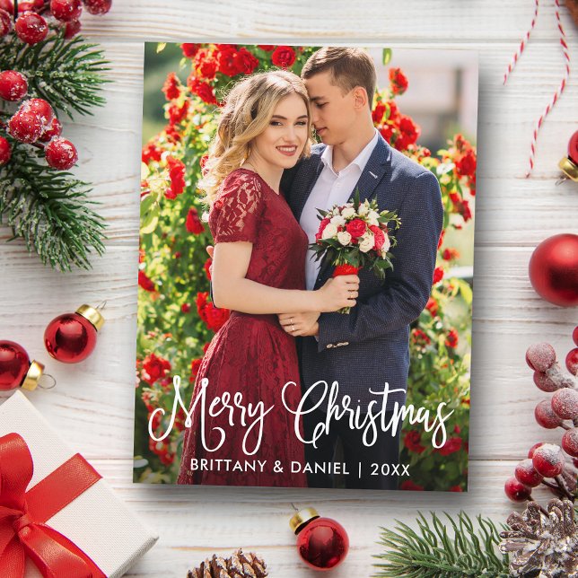 Modern Roligt Kalligrafi jul - par foto Vykort (Customize to change your personalized text size or text style.)