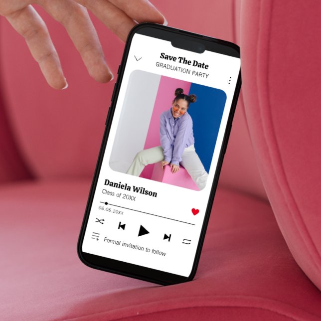 Modern Roligt Music Player Photo Studenten Spara Datumet (Modern Fun Music Player Photo Graduation Save The Date)