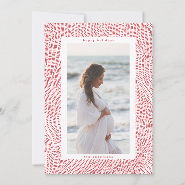 Modern Roligt Red White Lycklig-julfoto Gräns Julkort (Framsida)