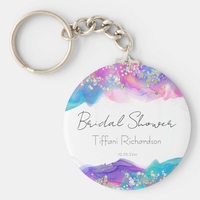 Modern Roligt Regnbåge Alcohol Bläck Guld Glitter Nyckelring (Framsidan)