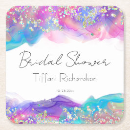 Modern Roligt Regnbåge Alcohol Bläck Guld Glitter Underlägg Papper Kvadrat