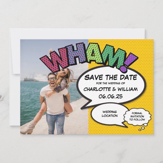 Modern Roligt Tecknad Bok Photo Save Date Card Spara Datumet (Framsida)