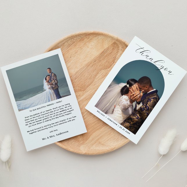 Modern Romantic Black Script 2 Photo Arch Bröllop Tack Kort (Skapare uppladdad)