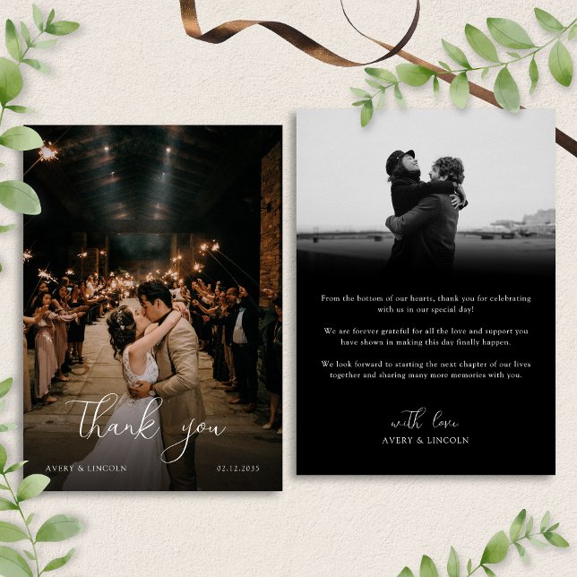 Modern Romantic Black & White Photo Script Wedding Tack Kort (Skapare uppladdad)