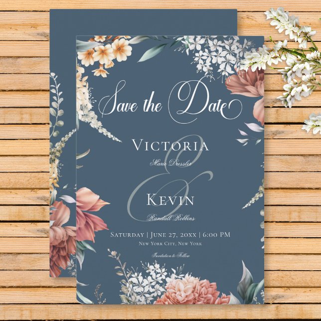 Modern Romantic Blue Garden Blommigt Bröllop Spara Datumet (Modern Romantic Blue Garden Floral Wedding Save the Date Card)