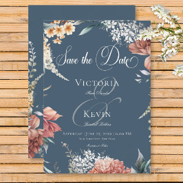 Modern Romantic Blue Garden Blommigt Bröllop Spara Datumet