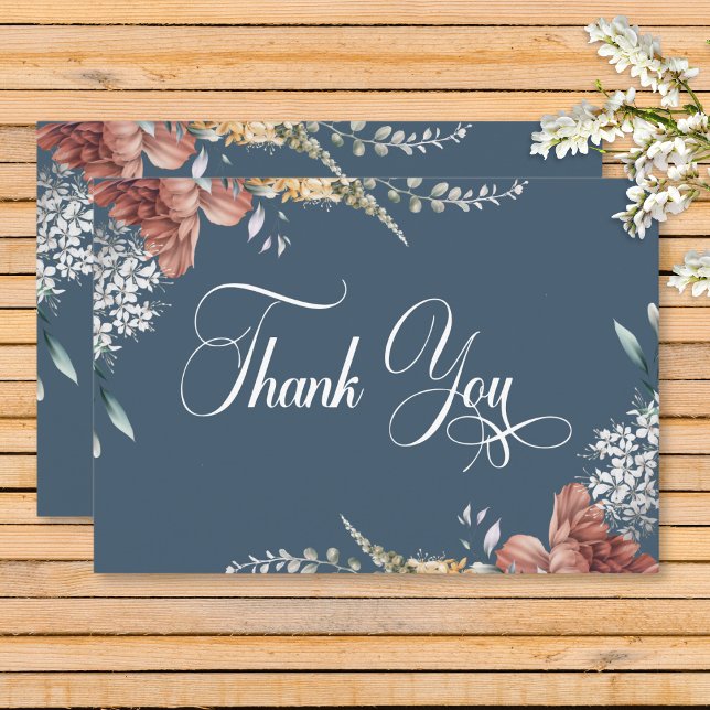 Modern Romantic Blue Garden Blommigt Bröllop Tack Kort (Modern Romantic Blue Garden Floral Wedding Thank You Card)