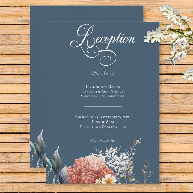 Modern Romantic Blue Garden Blommigt Reception Tilläggskort (Modern Romantic Blue Garden Floral Wedding Reception Enclosure Card)
