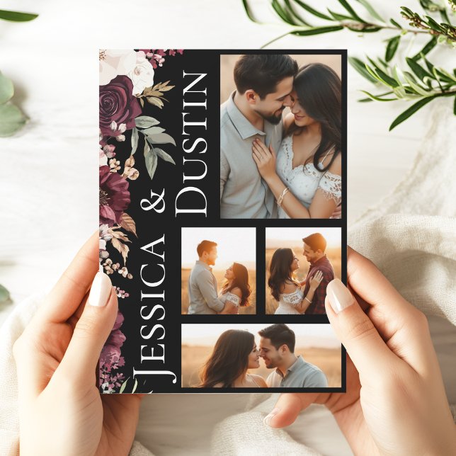 Modern Romantic Burgundy Blommigt Photo Bröllop Inbjudningar (Modern Burgundy Pink Floral Photo Collage Wedding Invitation)