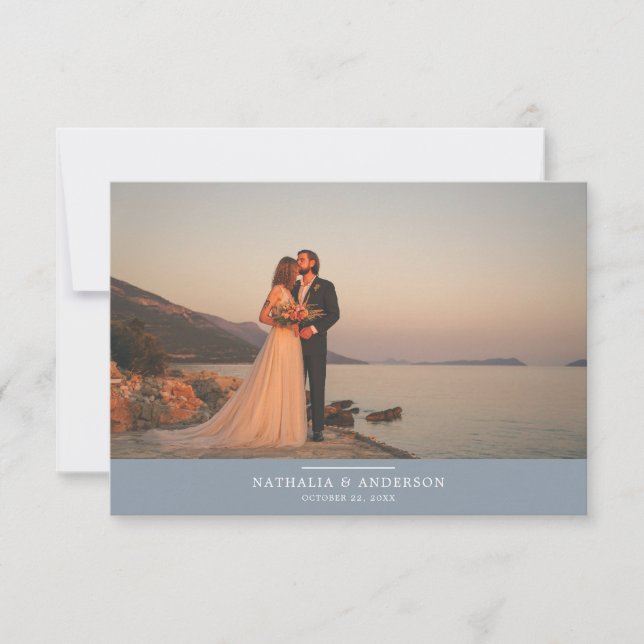 Modern Romantic Dusty Blue Photo Bröllop Tack Kort (Framsida)