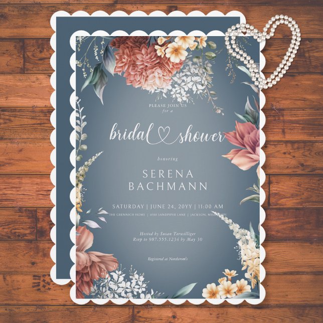 Modern Romantic Garden Blommigt Blue Möhippa Inbjudningar (Modern Romantic Garden Floral Blue Bridal Shower Invitation)