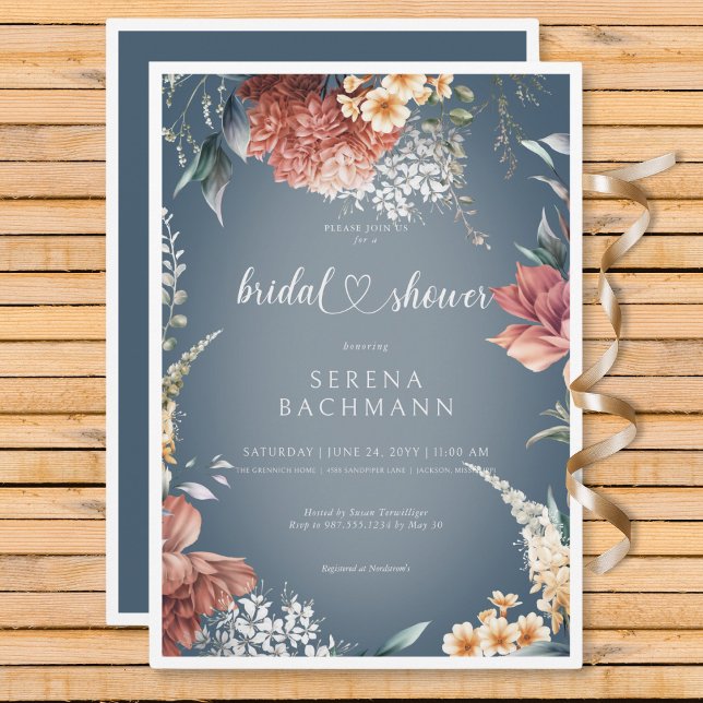 Modern Romantic Garden Blommigt Blue Möhippa Inbjudningar (Modern Romantic Garden Floral Bridal Shower Invitation)
