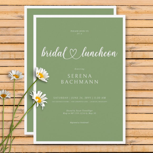 Modern Romantic Minimum Sage Grönt Möhippa Luncheo Inbjudningar (Modern Romantic Minimal Sage Green Bridal Luncheon Invitation)