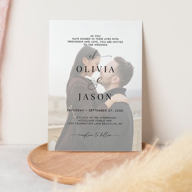 Modern Romantic Script Black White Photo Bröllop Inbjudningar (Skapare uppladdad)