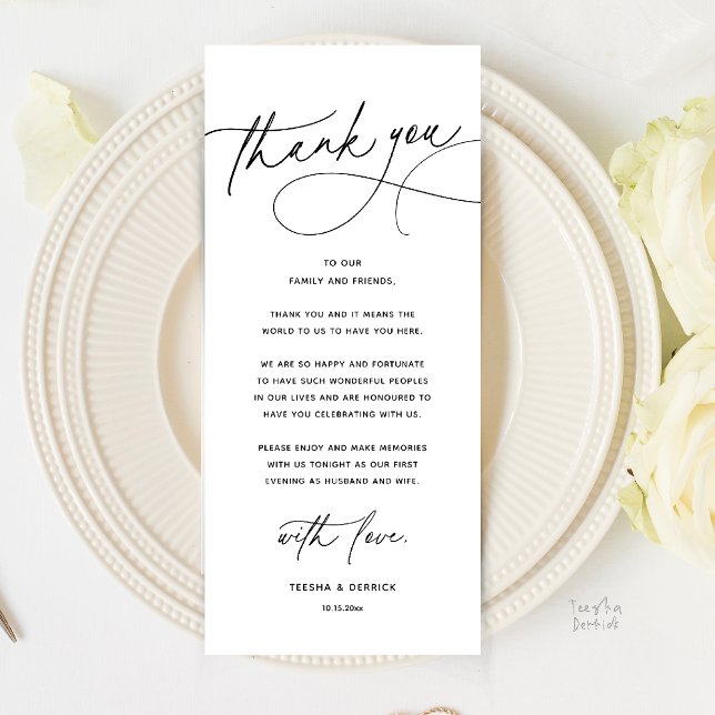 Modern Romantic Wedding Dinner Thank You Card Program (Modern Romantic Wedding Reception Dinner Thank You Card in black and white)