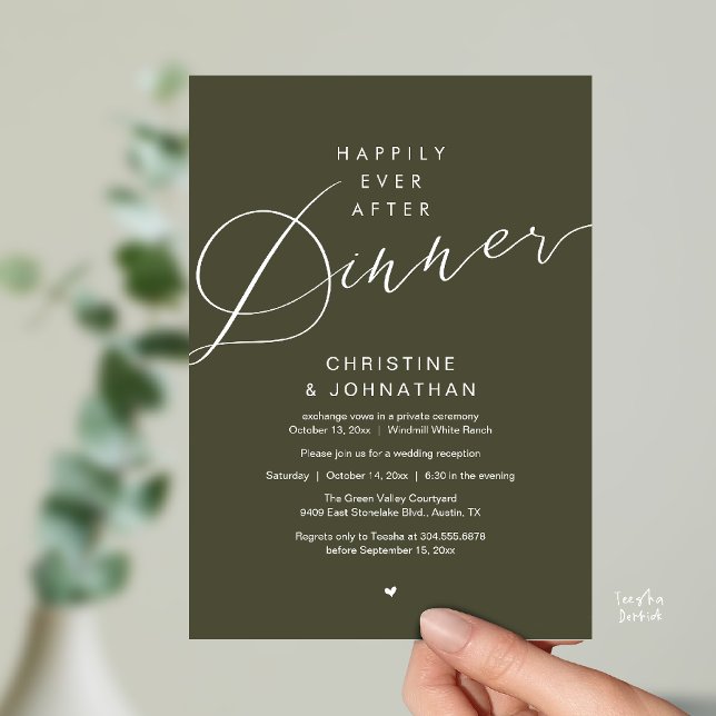 Modern Romantic Wedding Happily Ever After Dinner Inbjudningar (Modern Romantic Wedding Happily Ever After reception Dinner Invitation card in Olive Green)