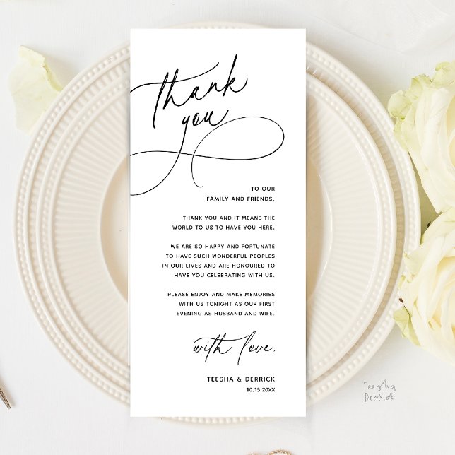 Modern Romantic Wedding Reception Thank You Card Program (Modern Romantic Wedding Reception Dinner Lunch Brunch Thank You Card in Black and White)