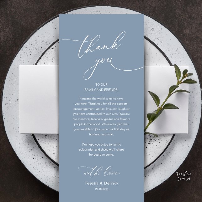Modern Romantic Wedding Reception Thank You Card Program (Modern Romantic Wedding Reception Thank You Card, plate decoration, in Dusty Blue)