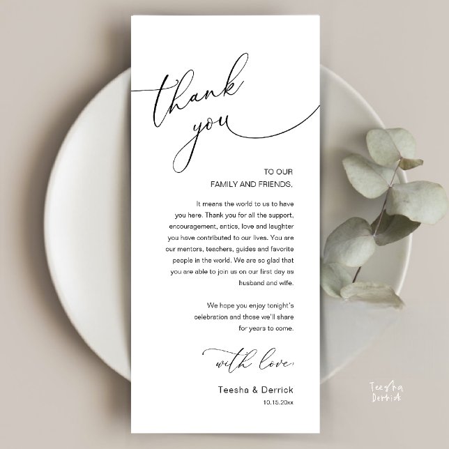 Modern Romantic Wedding Reception Thank You Card Program (Modern Romantic Wedding Reception Thank You Card, plate decoration, in Black and White)