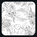 Modern Romantic Wildblomline Line Teckning Fyrkantigt Klistermärke<br><div class="desc">En modern romantisk svartvit illustration av vilda blommor, ro, kvistar och löv visas i denna enkla, men ändå elegant design. Den här dekalutformningen är en del av "Modern Romantic Bröllop"-samlingen. Matchning Spara datum, Bröllopsinbjudan, Tack-kort, bordsnummer och kuvertlinjer finns tillgängliga och andra Bröllop Suite Stationery-produkter med den här designen. Se hela...</div>