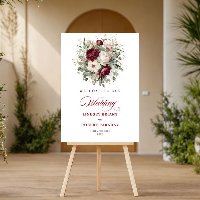 Modern Romantik Burgunder Röd Blommig Guld Välkoms Poster (Modern Romance Burgundy Floral Gold Welcome Poster)
