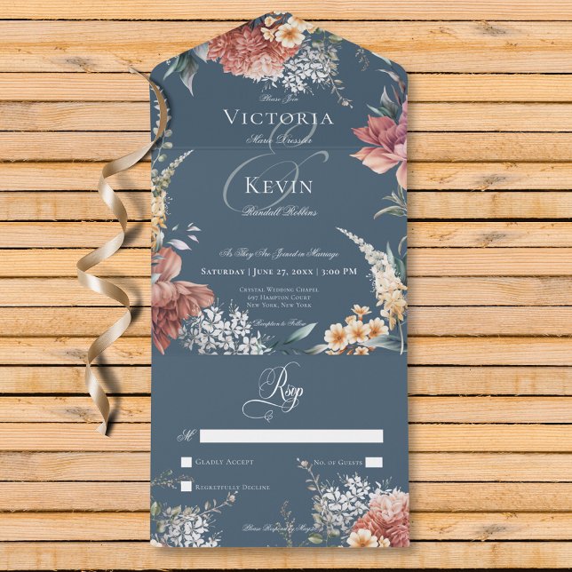 Modern romantisk blå Blommigt nr... (Modern Romantic Blue Garden Floral No Dinner All In One Invitation)
