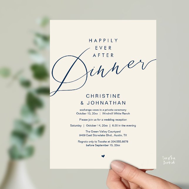 Modern Romantisk Bröllop Lyckliga För Evigt Middag Inbjudningar (Modern Romantic Wedding Happily Ever After reception Dinner Invitation card in Navy Blue Ivory)