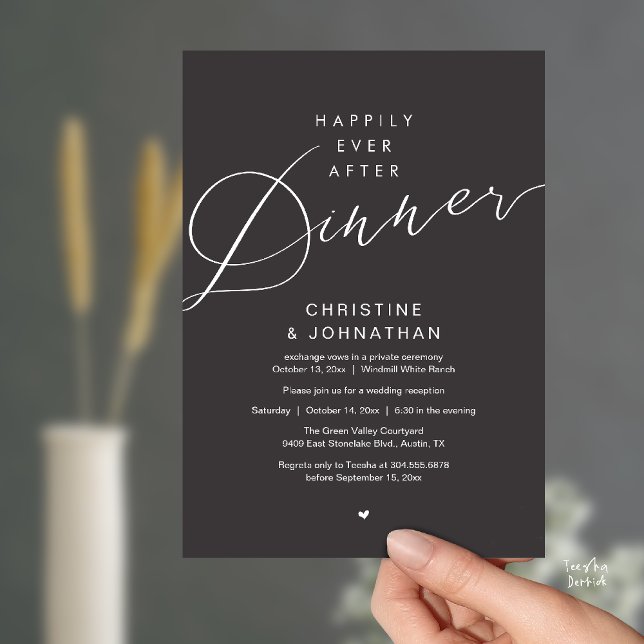 Modern Romantisk Bröllop Lyckliga Slutet Middag Inbjudningar (Modern Romantic Wedding Happily Ever After reception Dinner Invitation card in Charcoal Grey)