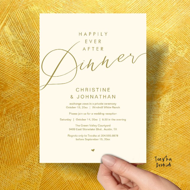 Modern Romantisk Bröllop Lyckliga Slutet Middag Inbjudningar (Modern Romantic Wedding Happily Ever After reception Dinner Invitation card in Yellow Gold)