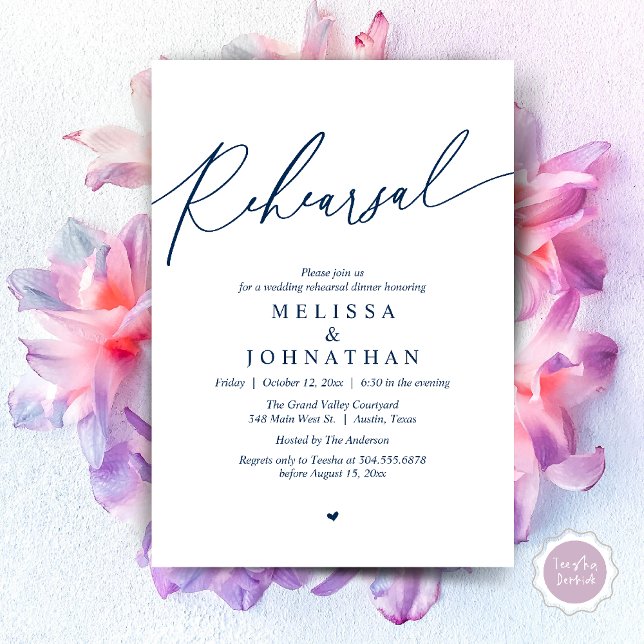 Modern romantisk Bröllop Rehearsal-middag Inbjudningar (Modern Romantic Wedding Rehearsal Dinner Dancing Invitation Card PDF Navy Blue)