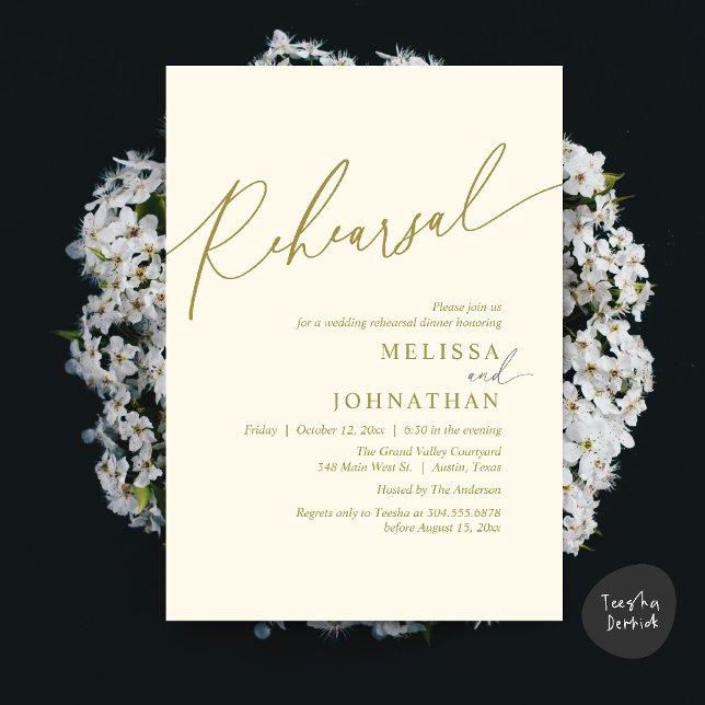 Modern romantisk Bröllop Rehearsal-middag Inbjudningar (Modern Romantic Wedding Rehearsal Dinner Dancing Invitation Card PDF Aesthetic Yellow Gold)