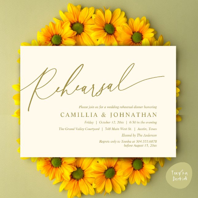 Modern romantisk Bröllop Rehearsal-middag Inbjudningar (Modern Romantic Wedding Rehearsal Dinner Dancing Invitation Card PDF Aesthetic Yellow Gold)