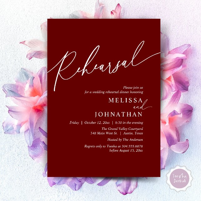 Modern romantisk Bröllop Rehearsal-middag Inbjudningar (Modern Romantic Wedding Rehearsal Dinner Dancing Invitation Card PDF Aesthetic Burgundy wine red)