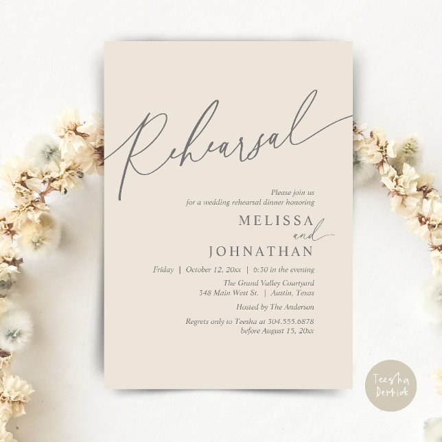 Modern romantisk Bröllop Rehearsal-middag Inbjudningar (Modern Romantic Wedding Rehearsal Dinner Dancing Invitation Card PDF Aesthetic Cream Grey)