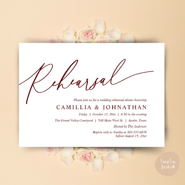 Modern romantisk Bröllop Rehearsal-middag Inbjudningar (Modern Romantic Wedding Rehearsal Dinner Dancing Invitation Card PDF Aesthetic Burgundy wine red)