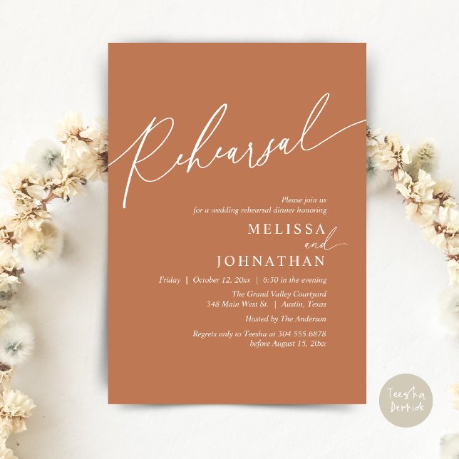 Modern romantisk Bröllop Rehearsal-middag Inbjudningar (Modern Romantic Wedding Rehearsal Dinner Dancing Invitation Card PDF Aesthetic Copper Brown )