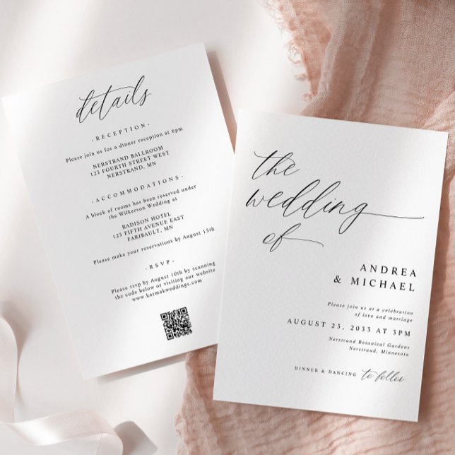 Modern Romantisk Bröllopsinbjudan Allt-i-Allt Inbjudningar (Modern Romantic Elegant Wedding Invitation with Details on Back - Delicate Calligraphy)