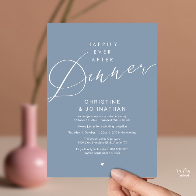Modern Romantisk Bröllopsmiddag Lyckliga Alltid Ef Inbjudningar (Modern Romantic Wedding Happily Ever After reception Dinner Invitation card in Dusty Blue)