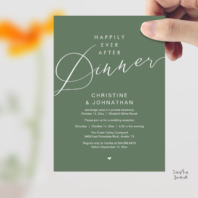 Modern Romantisk Bröllopsmiddag Lyckliga Alltid Ef Inbjudningar (Modern Romantic Wedding Happily Ever After reception Dinner Invitation card in Sage Green)