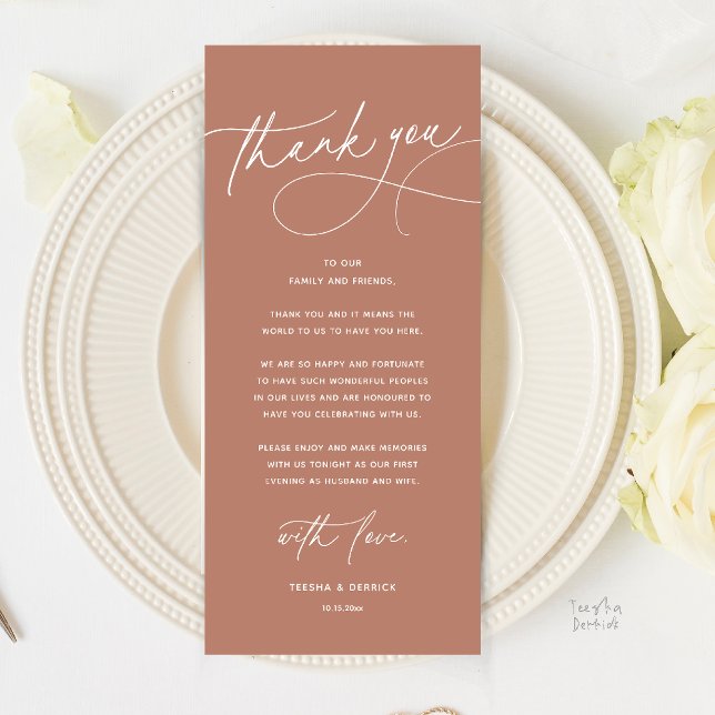Modern Romantisk Bröllopsmiddag Tackkort Program (Modern Romantic Wedding Reception Dinner Thank You Card in Terracotta Earthy Brown)