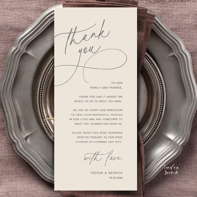 Modern Romantisk Bröllopsmottagning Tacksamhetskor Program (Modern Romantic Wedding Reception Dinner Lunch Brunch Thank You Card in Cream grey)